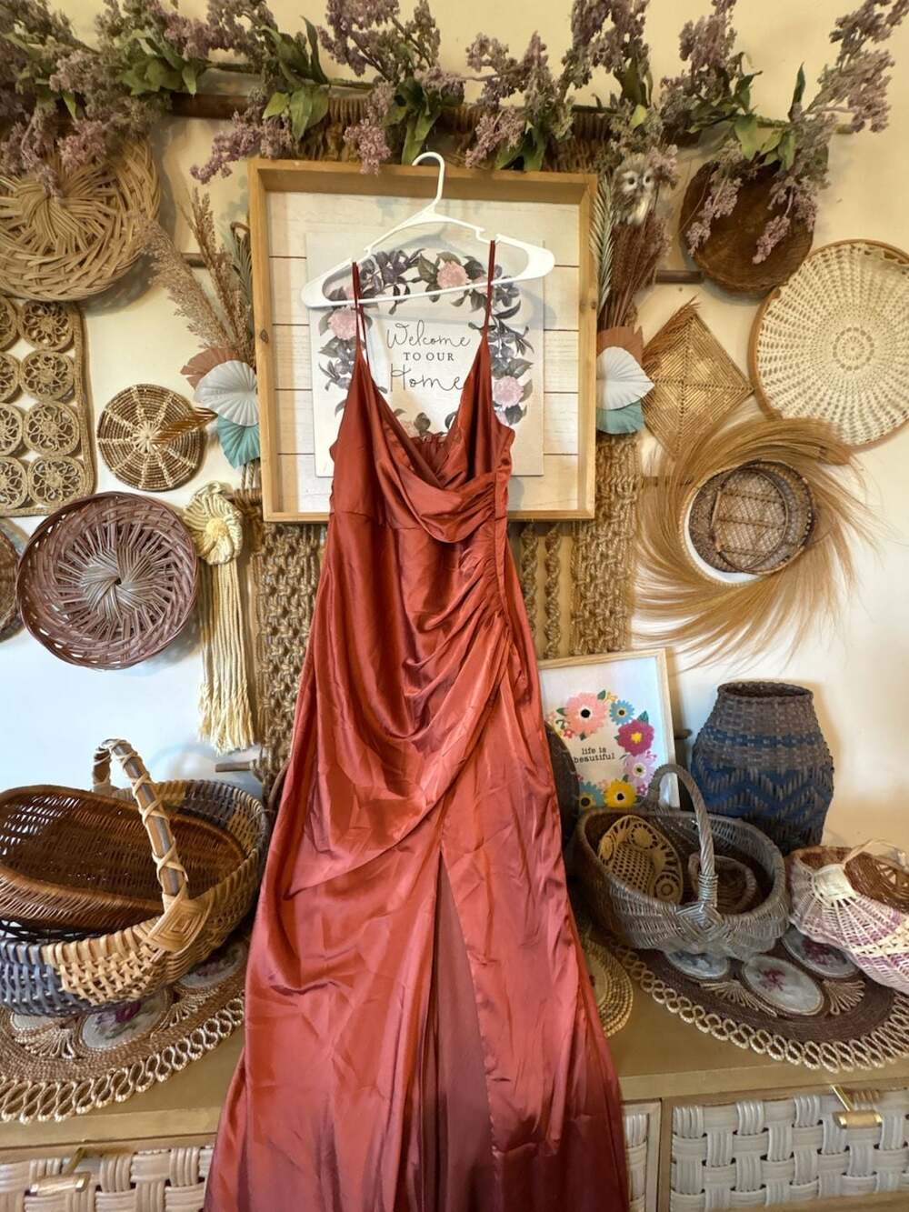 Baltic Born Satin Maxi Dress Size M Terracotta Slit Cowl